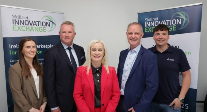 Photo Left to right-Rachel Hubble-Skillnet Innovation Exchange, Mark Jordan-Chief Executive-Skillnet Ireland, Minister Niamh Smyth, Eoin McEvoy-CFO-The Nestbox Egg Company, Evan Roarke-Co-founder of Nuálach Automation